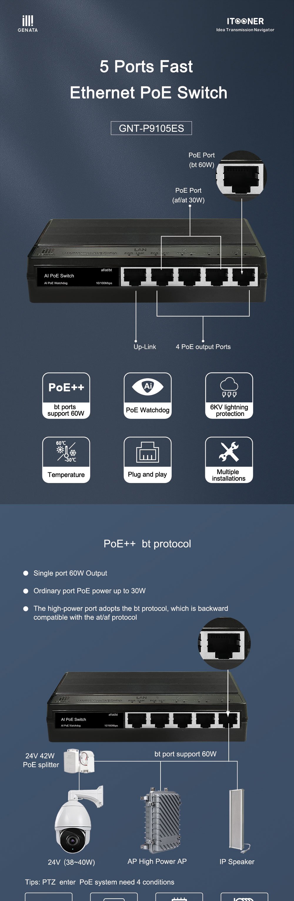 سويتش 5 خارج - GNT-P9105ES PoE - Genata